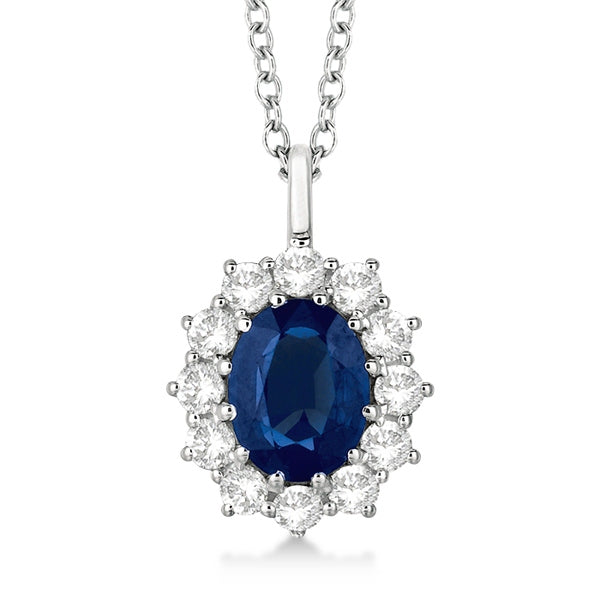 Oval Lab Blue Sapphire & Lab  Diamond Pendant Necklace 14k White Gold (3.60ctw)