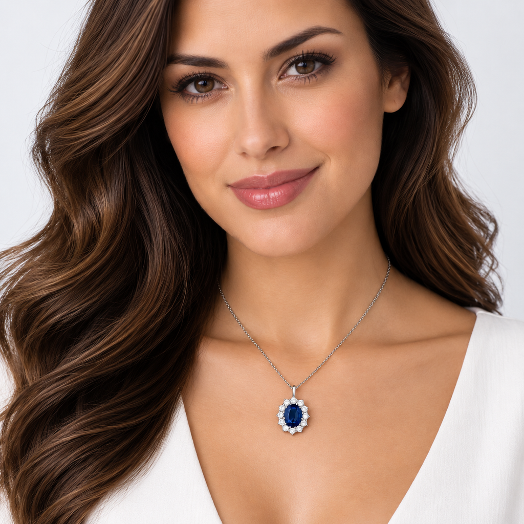 Oval Blue Sapphire & Diamond Pendant Necklace 14k White Gold (3.60ctw)
