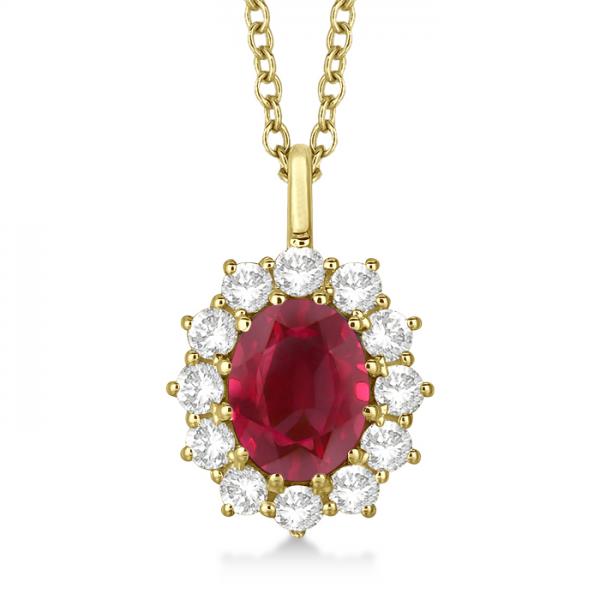 Oval Lab Ruby and Lab  Diamond Pendant Necklace 14k Yellow Gold (3.60ctw)