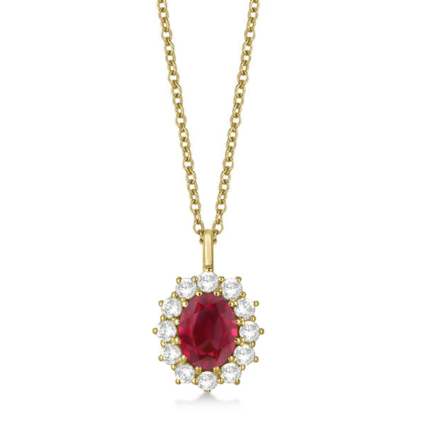 Oval Lab Ruby and Lab  Diamond Pendant Necklace 14k Yellow Gold (3.60ctw)
