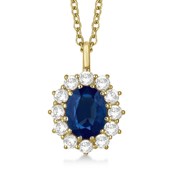 Oval Lab Blue Sapphire & Lab  Diamond Pendant Necklace 14k Yellow Gold (3.60ctw)