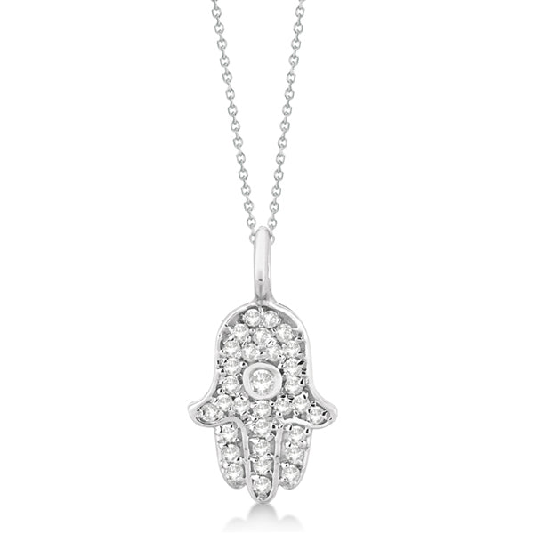Diamond Hamsa Hand Pendant Necklace 14K White Gold (0.17ct)