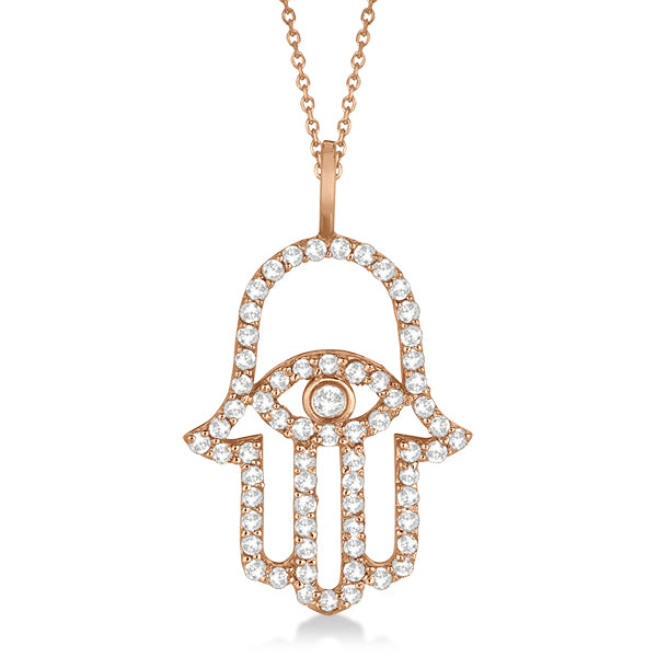 Diamond Hamsa Evil Eye Pendant Necklace 14k Rose Gold (0.51ct)