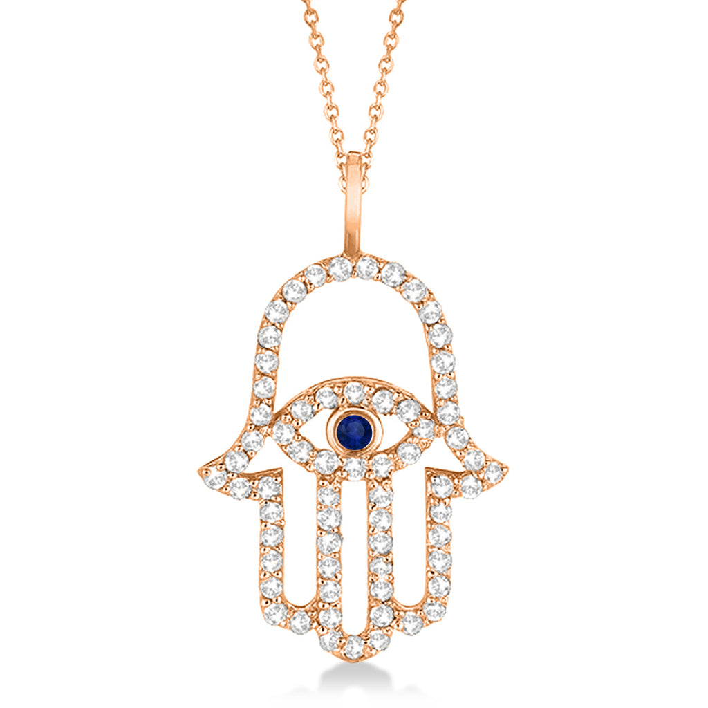 Diamond & Blue Sapphire Hamsa Evil Eye Pendant Necklace 14k Rose Gold (0.51ct)