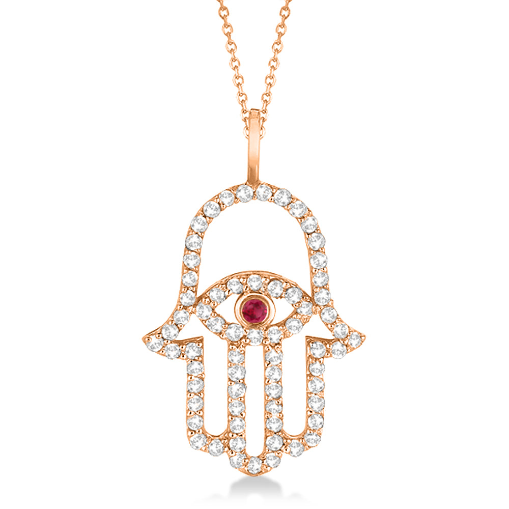 Diamond & Ruby Hamsa Evil Eye Pendant Necklace 14k Rose Gold (0.51ct)