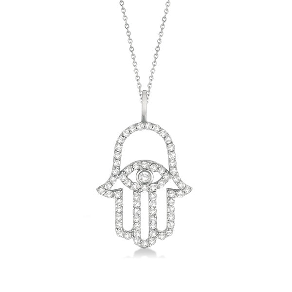 Lab Grown Diamond Hamsa Evil Eye Pendant Necklace 14k White Gold (0.51ct)