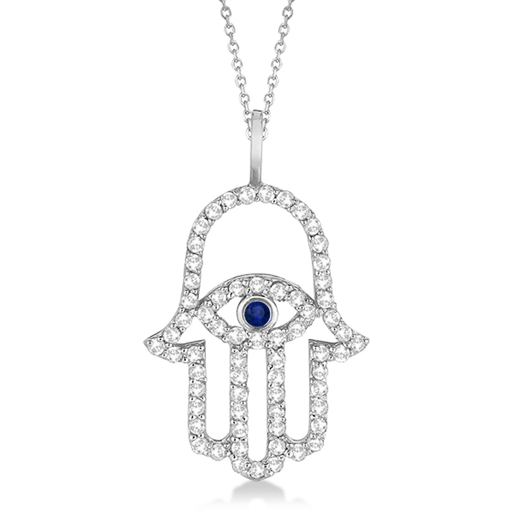Diamond & Blue Sapphire Hamsa Evil Eye Pendant Necklace 14k White Gold (0.51ct)