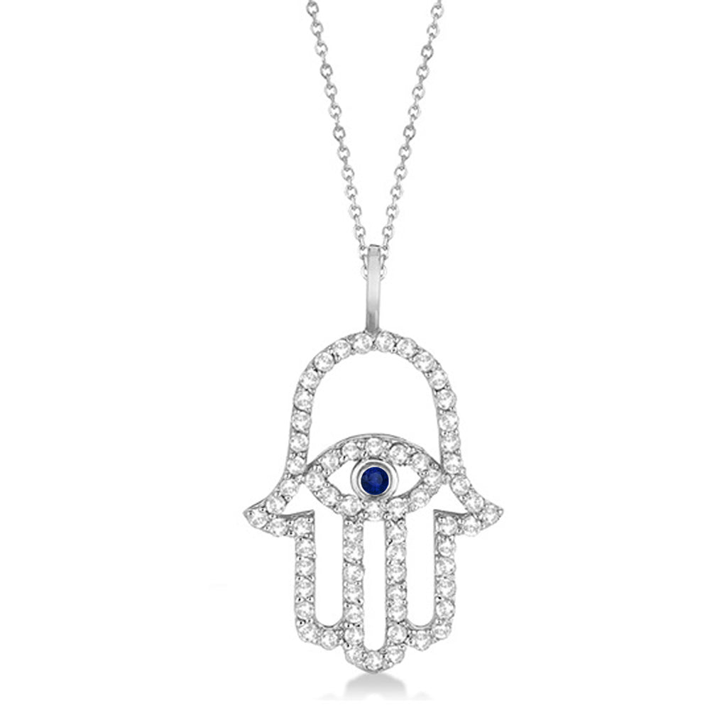 Diamond & Blue Sapphire Hamsa Evil Eye Pendant Necklace 14k White Gold (0.51ct)