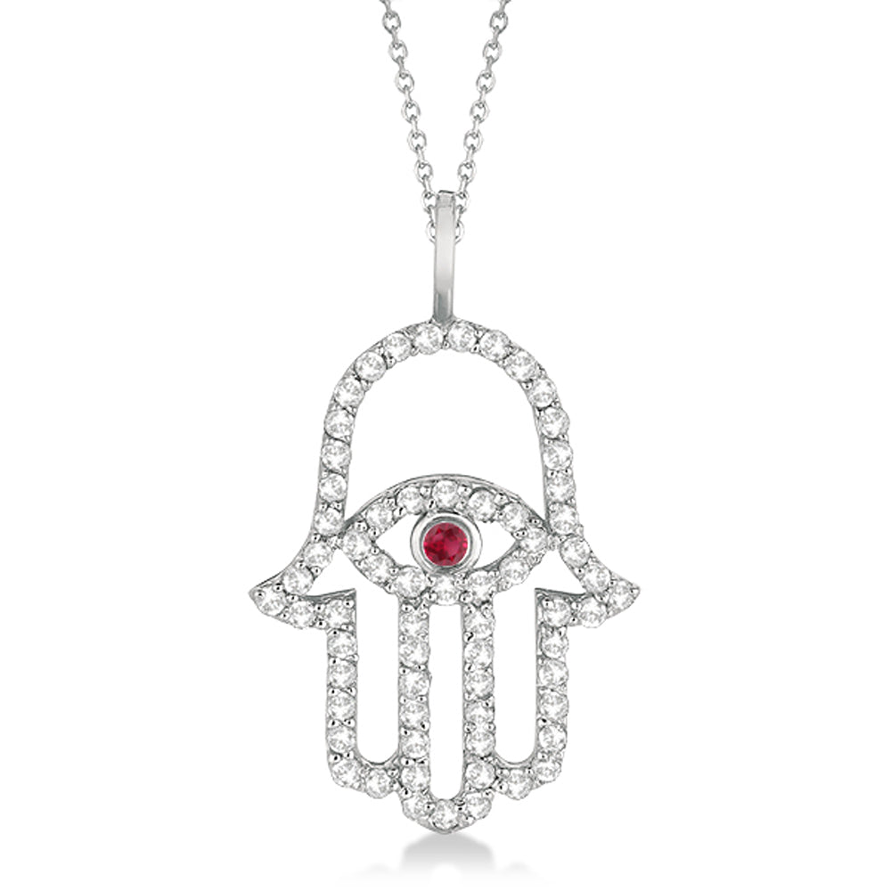 Diamond & Ruby Hamsa Evil Eye Pendant Necklace 14k White Gold (0.51ct)