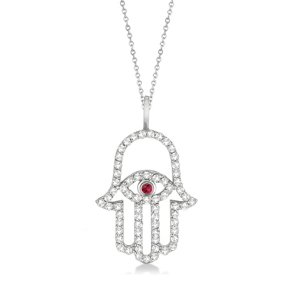 Diamond & Ruby Hamsa Evil Eye Pendant Necklace 14k White Gold (0.51ct)