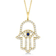Diamond & Blue Sapphire Hamsa Evil Eye Pendant Necklace 14k Yellow Gold (0.51ct)