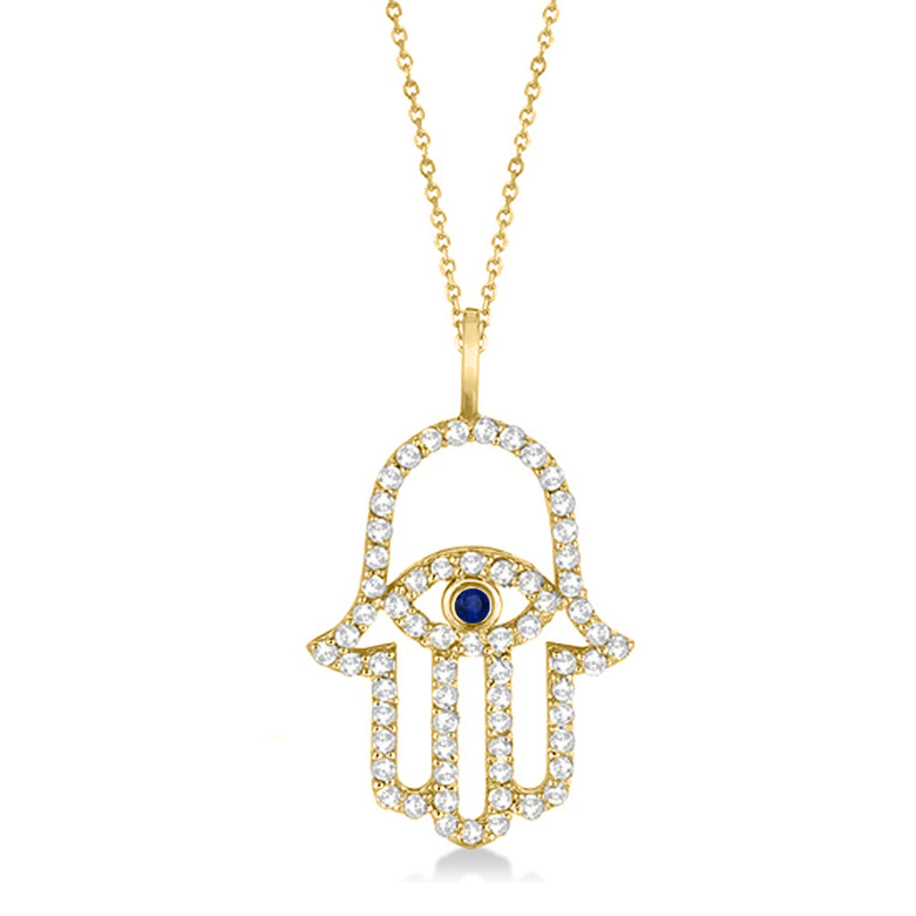 Diamond & Blue Sapphire Hamsa Evil Eye Pendant Necklace 14k Yellow Gold (0.51ct)
