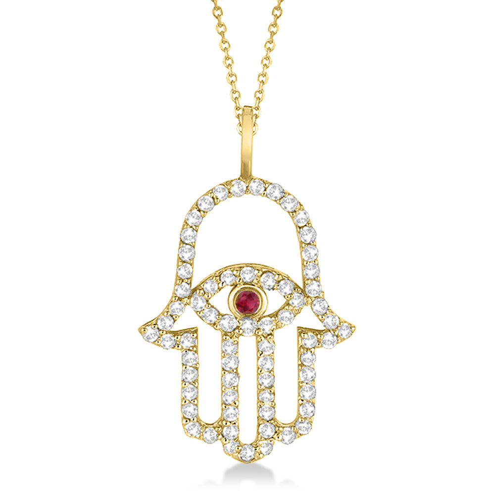 Diamond & Ruby Hamsa Evil Eye Pendant Necklace 14k Yellow Gold (0.51ct)