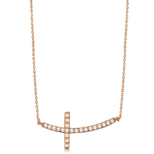 Diamond Sideways Curved Cross Pendant Necklace 14k Rose Gold 0.50ct
