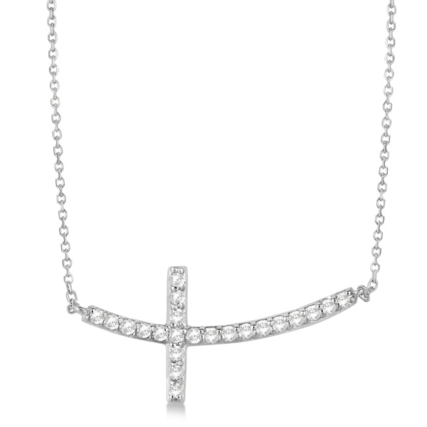 Diamond Sideways Curved Cross Pendant Necklace 14k White Gold 0.50ct
