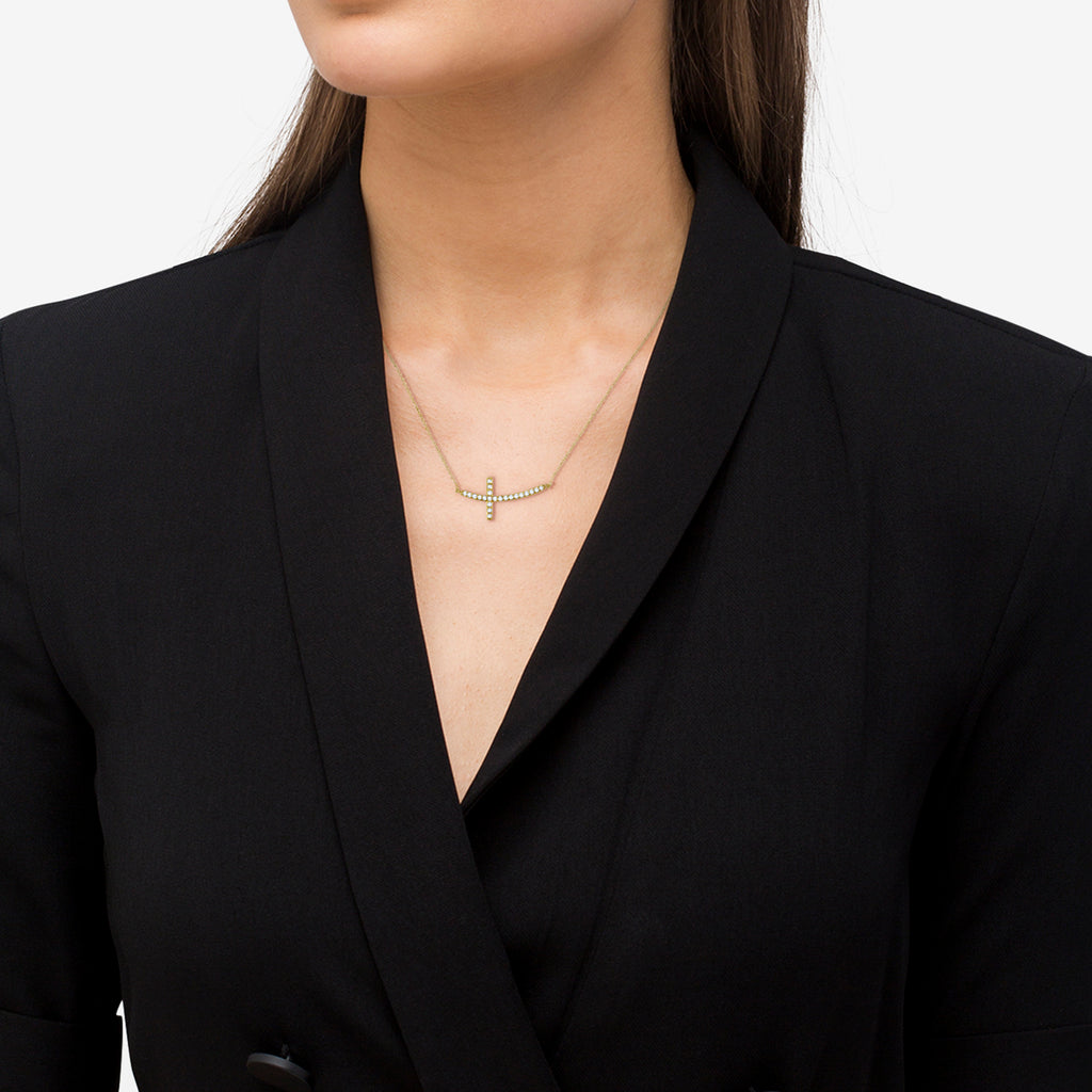 Lab Grown Diamond Sideways Curved Cross Pendant Necklace 14k Yellow Gold 0.50ct