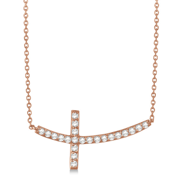 Lab Diamond Sideways Curved Cross Pendant Necklace 14k Rose Gold 0.75ct