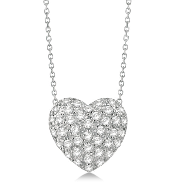 Puffed Heart Diamond Pendant Necklace Pave Set 14k White Gold (1.04ct)