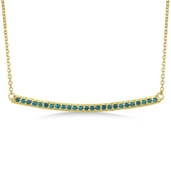Thin Round Blue Diamond Curved Bar Necklace 14k Yellow Gold 0.25ct