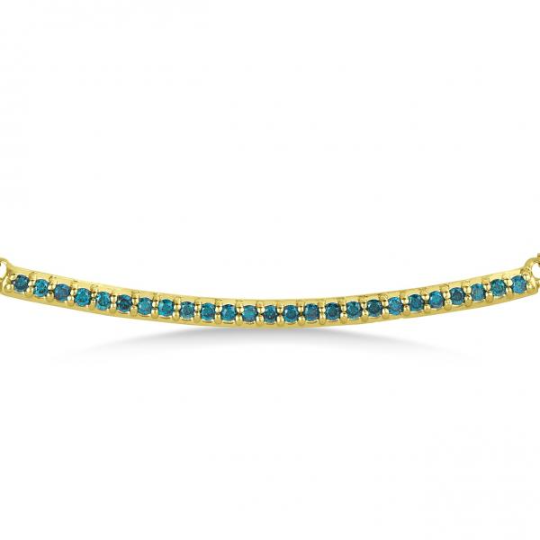 Thin Round Blue Diamond Curved Bar Necklace 14k Yellow Gold 0.25ct