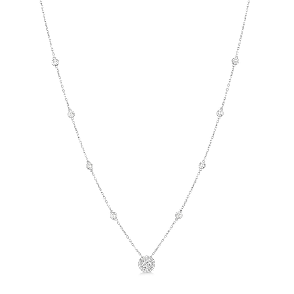 Diamond Halo Pendant Station Necklace in 14k White Gold (1.00 ctw)