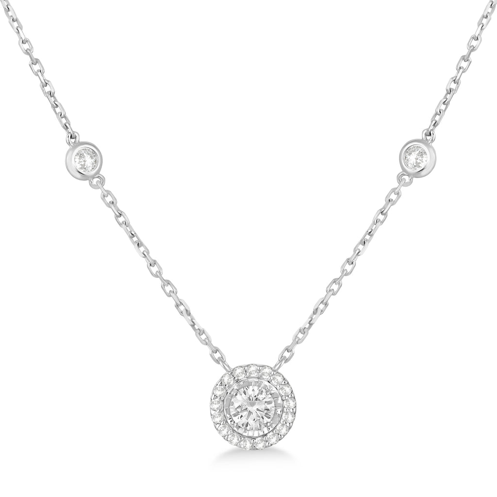 Diamond Halo Pendant Station Necklace in 14k White Gold (1.00 ctw)