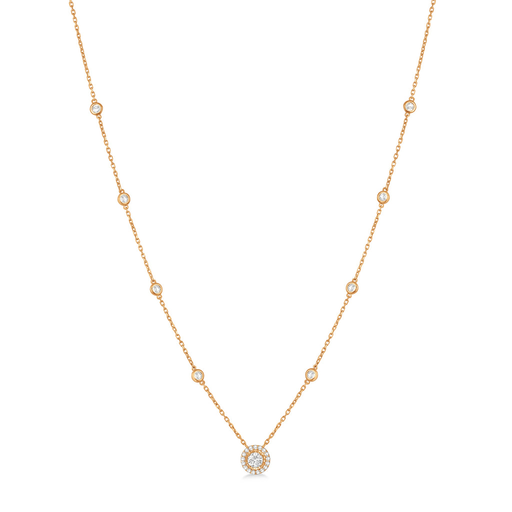Diamond Halo Pendant Station Necklace in 14k Rose Gold (1.50 ctw)