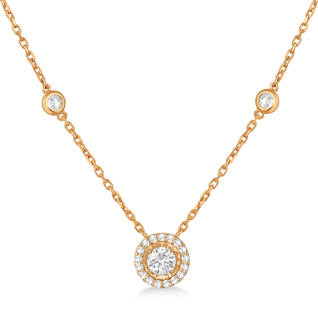 Diamond Halo Pendant Station Necklace in 14k Rose Gold (1.50 ctw)