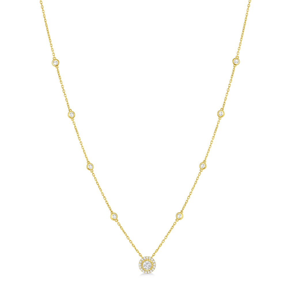 Diamond Halo Pendant Station Necklace in 14k Yellow Gold (1.50 ctw)