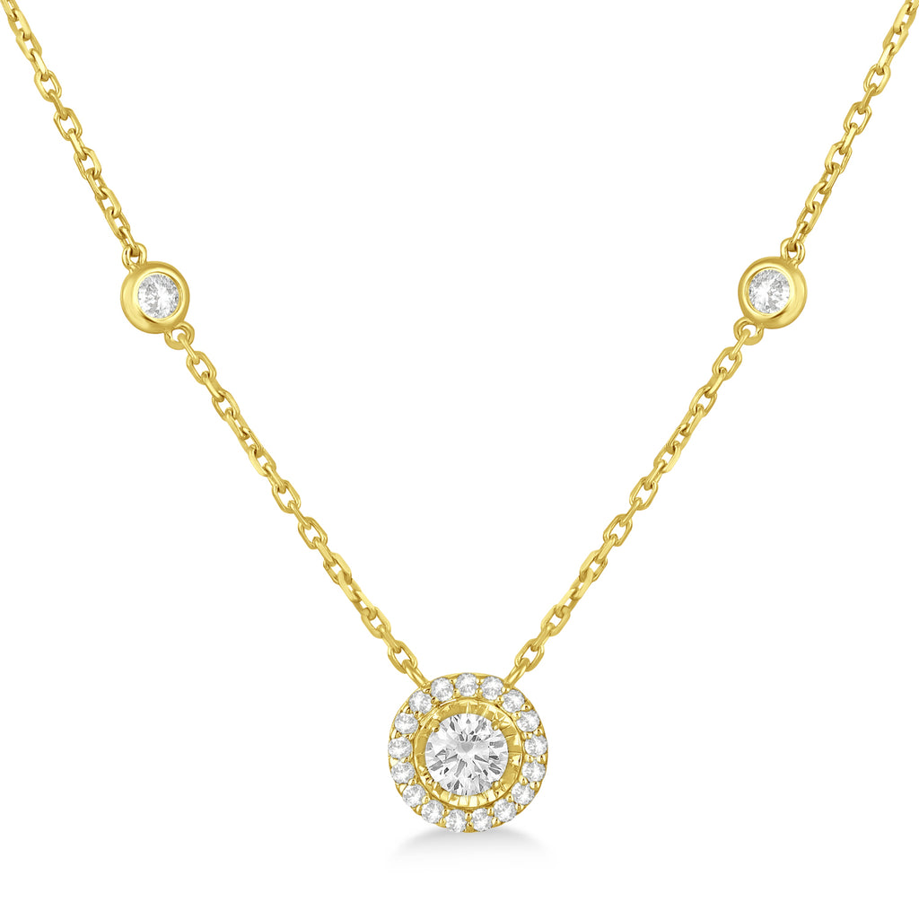 Diamond Halo Pendant Station Necklace in 14k Yellow Gold (1.50 ctw)