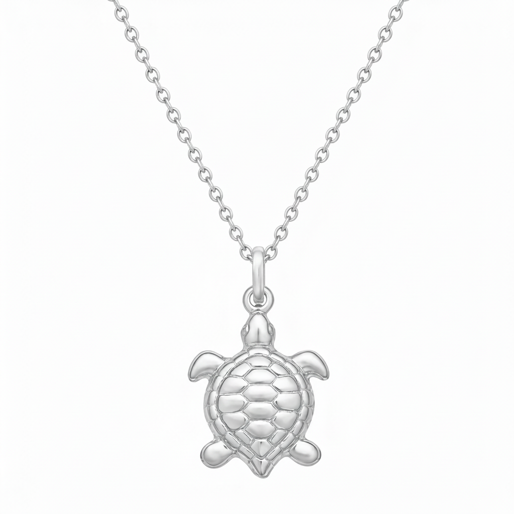 Sea Turtle Charm Nautical Pendant Necklace 14k White Gold