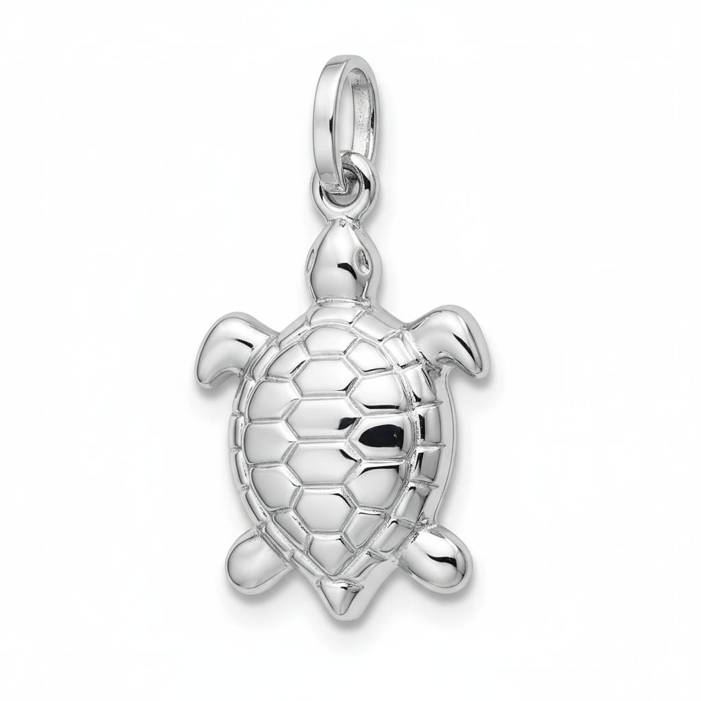 Sea Turtle Charm Nautical Pendant Necklace 14k White Gold