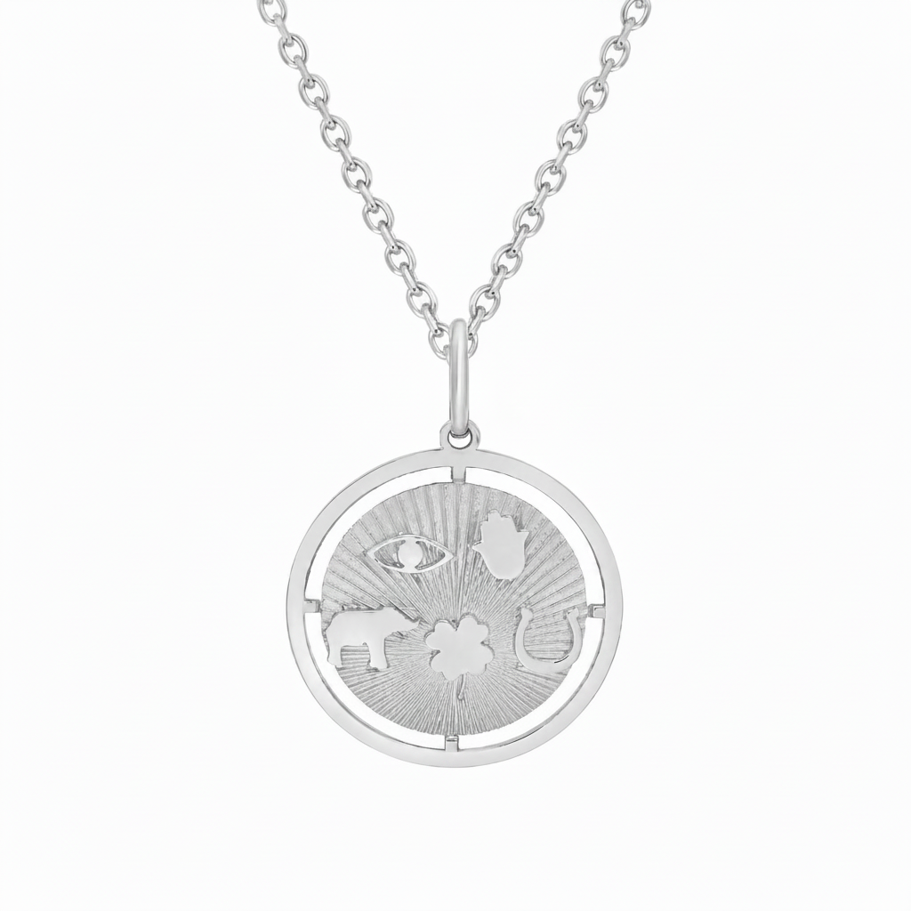 Lucky Disc Charm Textured Medallion Pendant Necklace 14k White Gold
