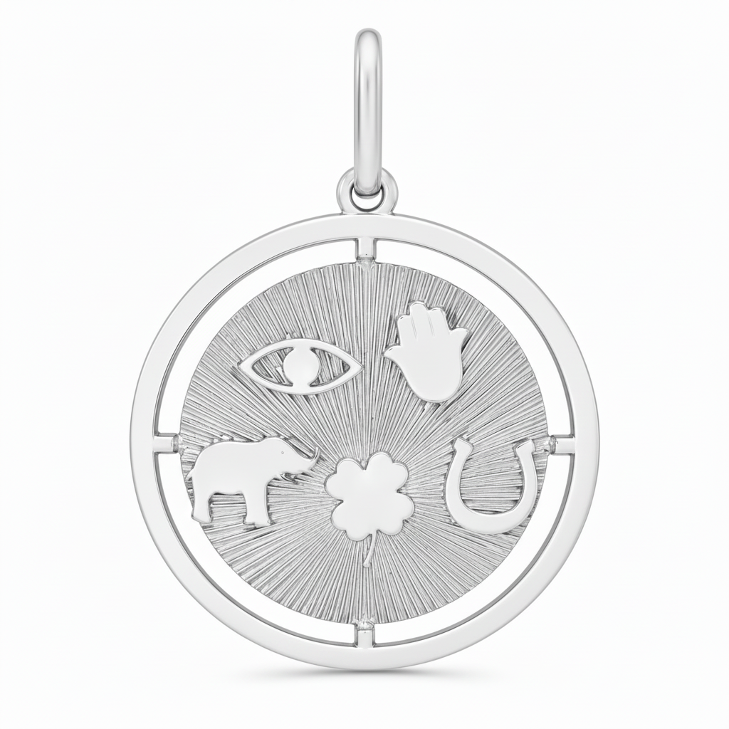 Lucky Disc Charm Textured Medallion Pendant Necklace 14k White Gold