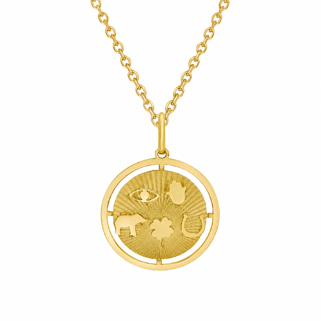 Lucky Disc Charm Textured Medallion Pendant Necklace 14k Yellow Gold