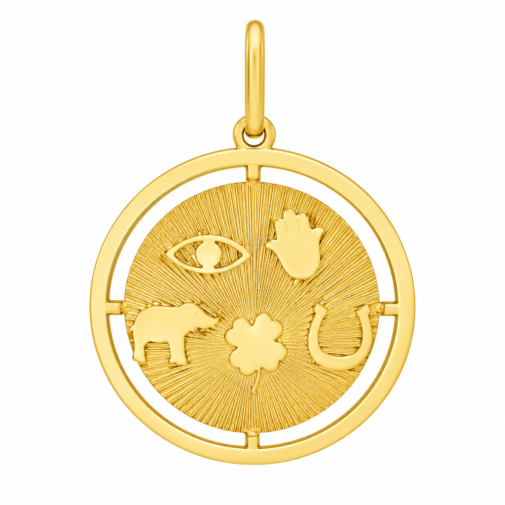 Lucky Disc Charm Textured Medallion Pendant Necklace 14k Yellow Gold