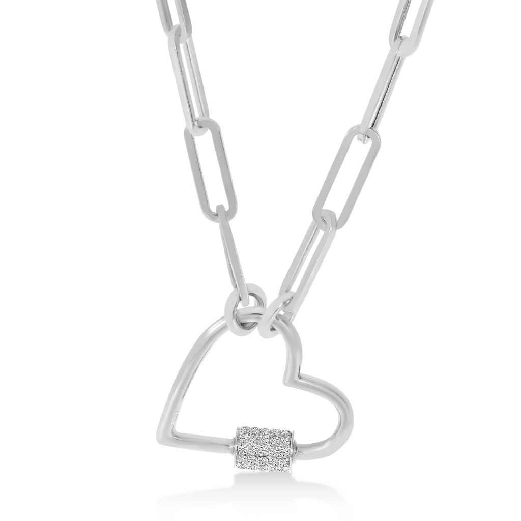 Diamond Paperclip Chain Heart Carabiner Pendant Necklace 14k White Gold (0.22ct)