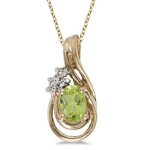 Oval Peridot & Diamond Teardrop Pendant Necklace 14k Yellow Gold