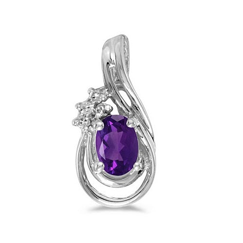 Oval Amethyst & Diamond Teardrop Pendant Necklace 14k White Gold