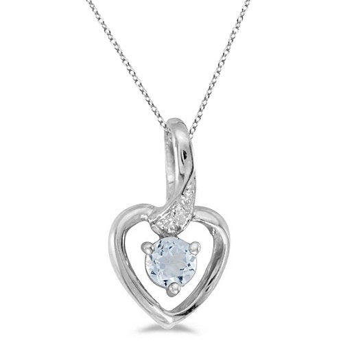 Aquamarine and Diamond Heart Pendant Necklace 14k White Gold