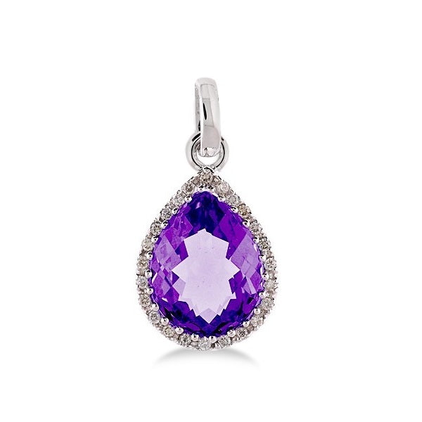 Pear Shaped Amethyst and Diamond Pendant Necklace 14k White Gold