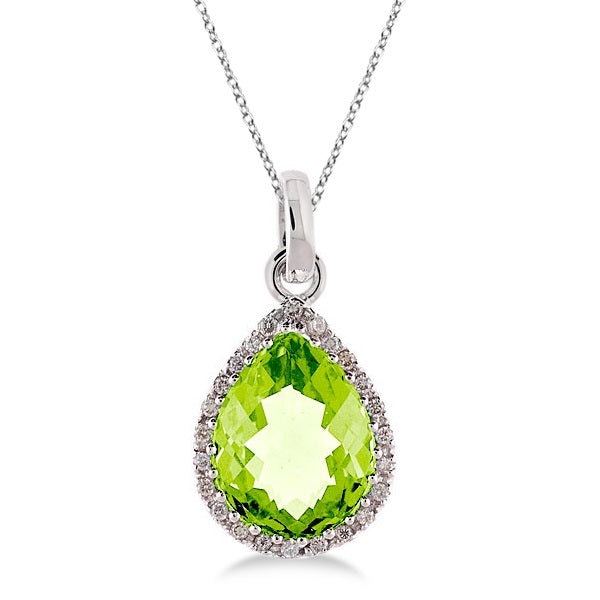 Pear Shaped Peridot and Diamond Pendant Necklace 14k White Gold
