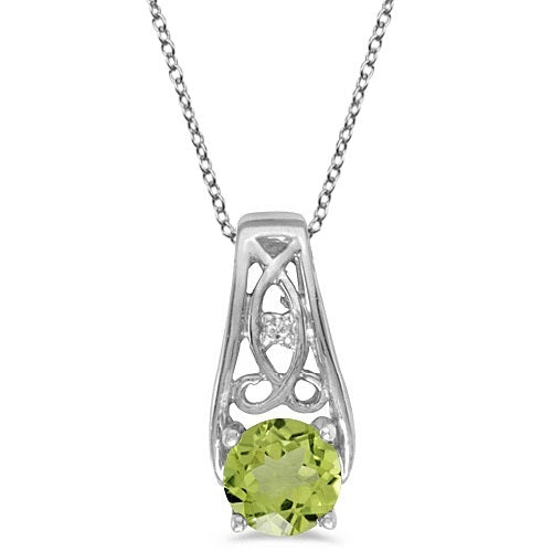 Antique Style Peridot and Diamond Pendant Necklace 14k White Gold