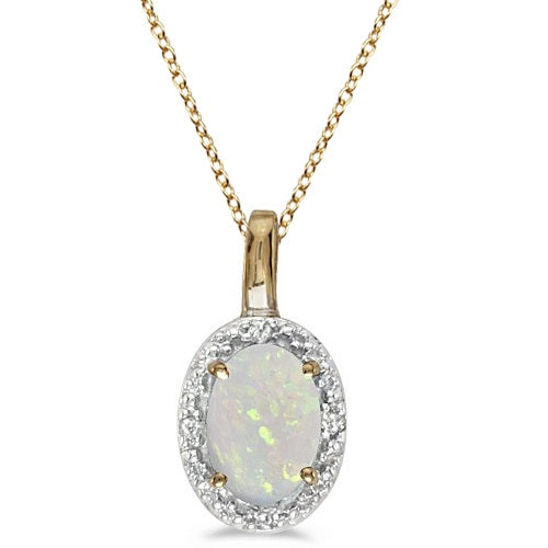 Halo Oval Opal & Diamond Pendant Necklace 14k Yellow Gold (0.55ctw)