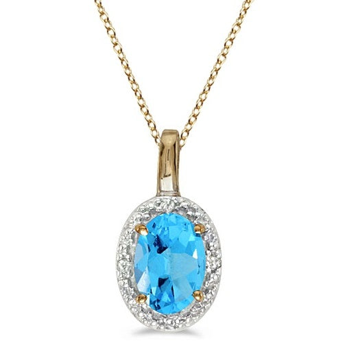 Oval Blue Topaz & Diamond Pendant Necklace 14k Yellow Gold (0.59ctw)