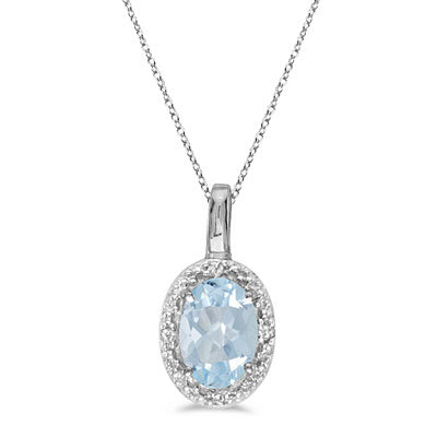 Oval Aquamarine & Diamond Pendant Necklace 14k White Gold (0.40ctw)