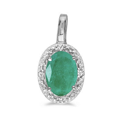 Oval Emerald & Diamond Pendant Necklace 14k White Gold (0.45ctw)