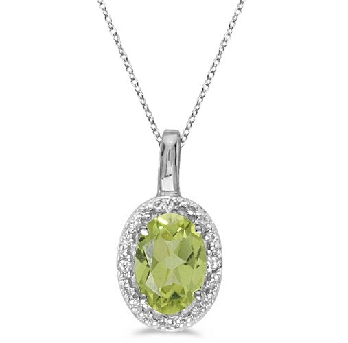 Oval Peridot & Diamond Pendant Necklace 14k White Gold (0.55ctw)