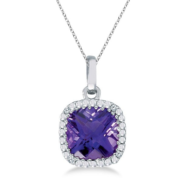 Cushion-Cut Amethyst and Diamond Pendant Necklace 14K White Gold (7mm)