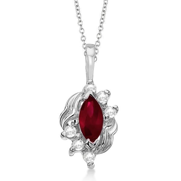Marquise Red Ruby & Diamond Pendant in 14K White Gold (0.34ct)